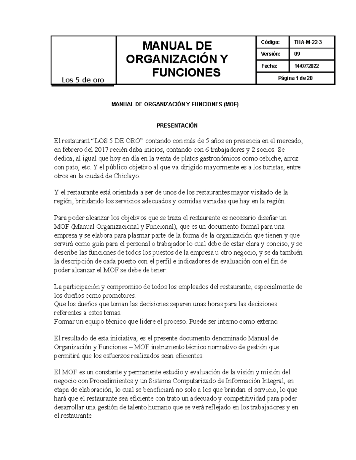 Manual de Organización y Funciones - THA-M-22 - Restaurante Los 5 de Oro - Document Preview