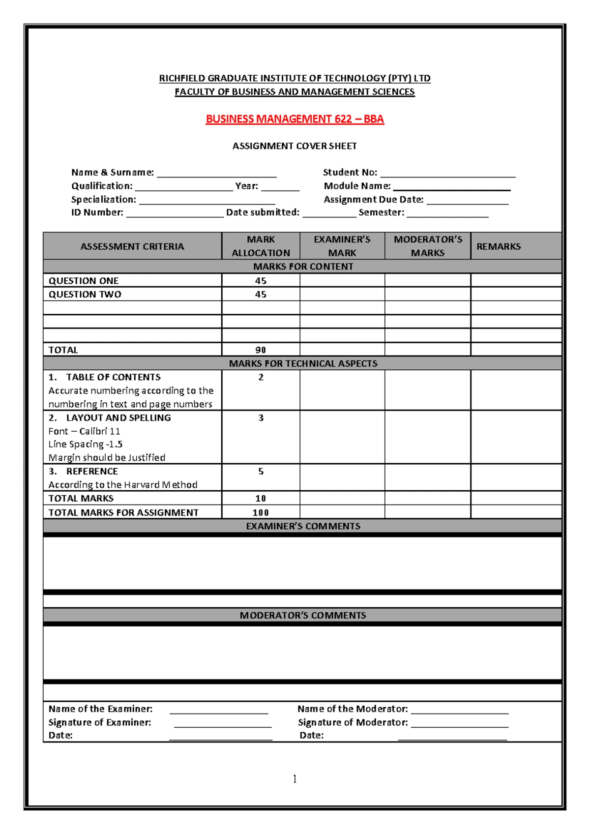 Busines Management 511 assignment 2 - RICHFIELD GRADUATE INSTITUTE OF ...