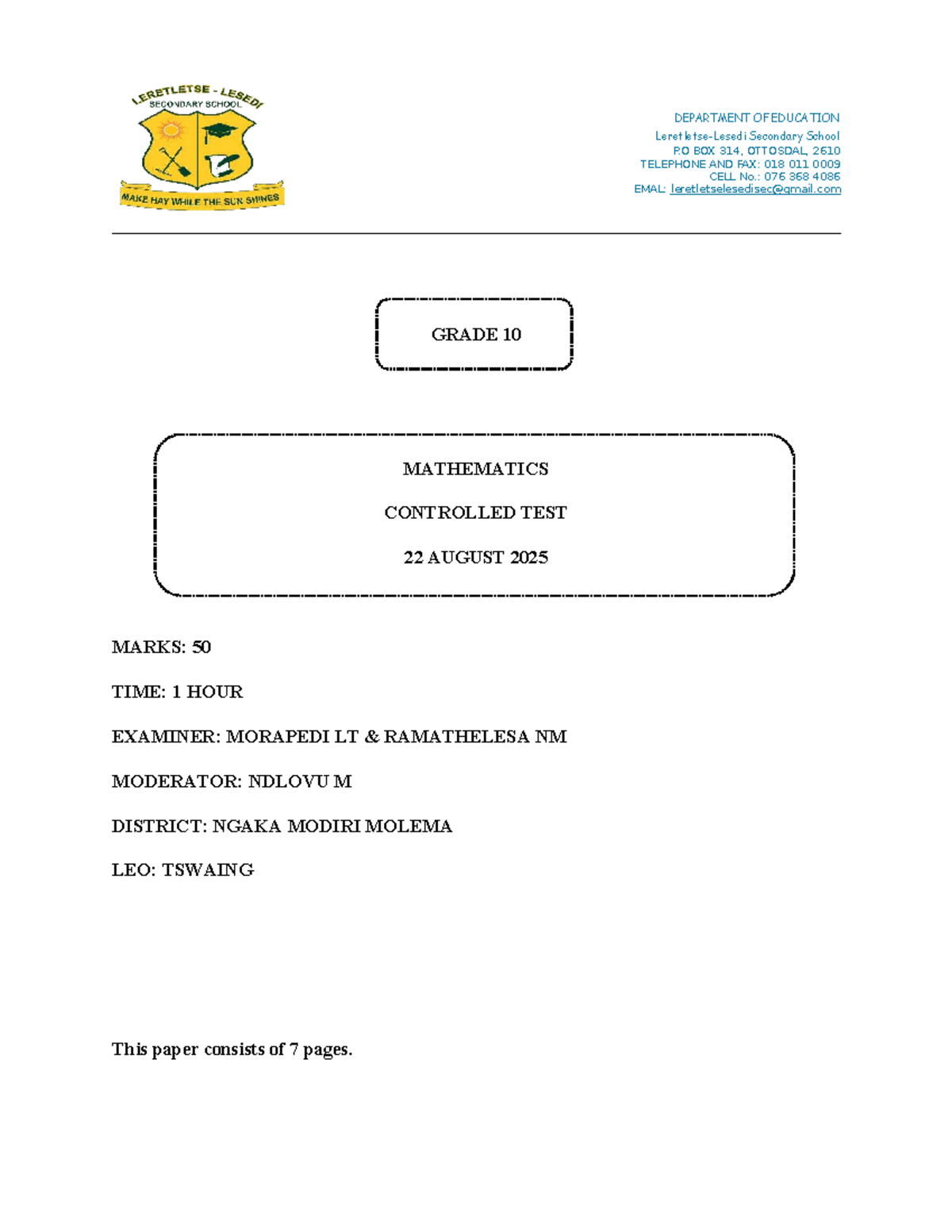 Grade 10 Mathematics Controlled Test - September 2025 - Studocu