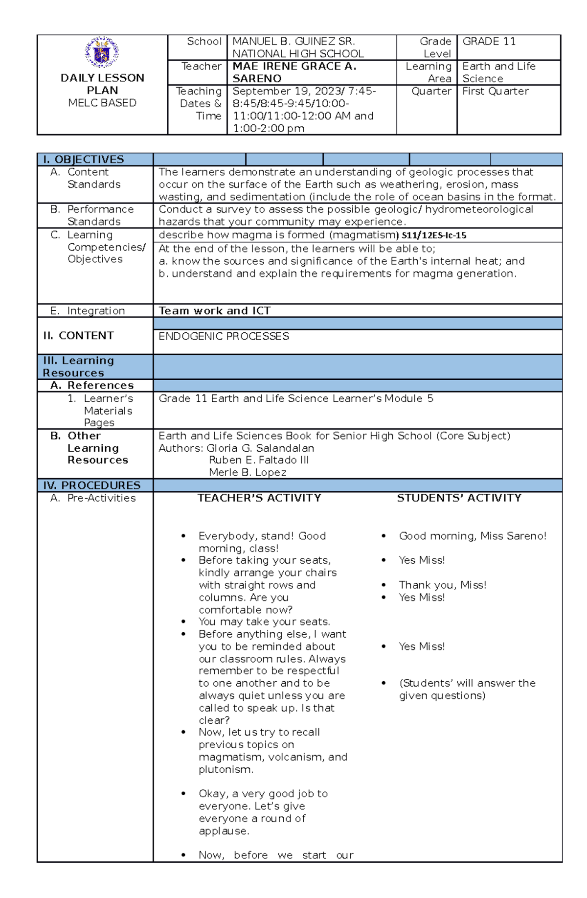 Lesson Plan ELS 6: Understanding Magma Formation in Earth Science - Studocu