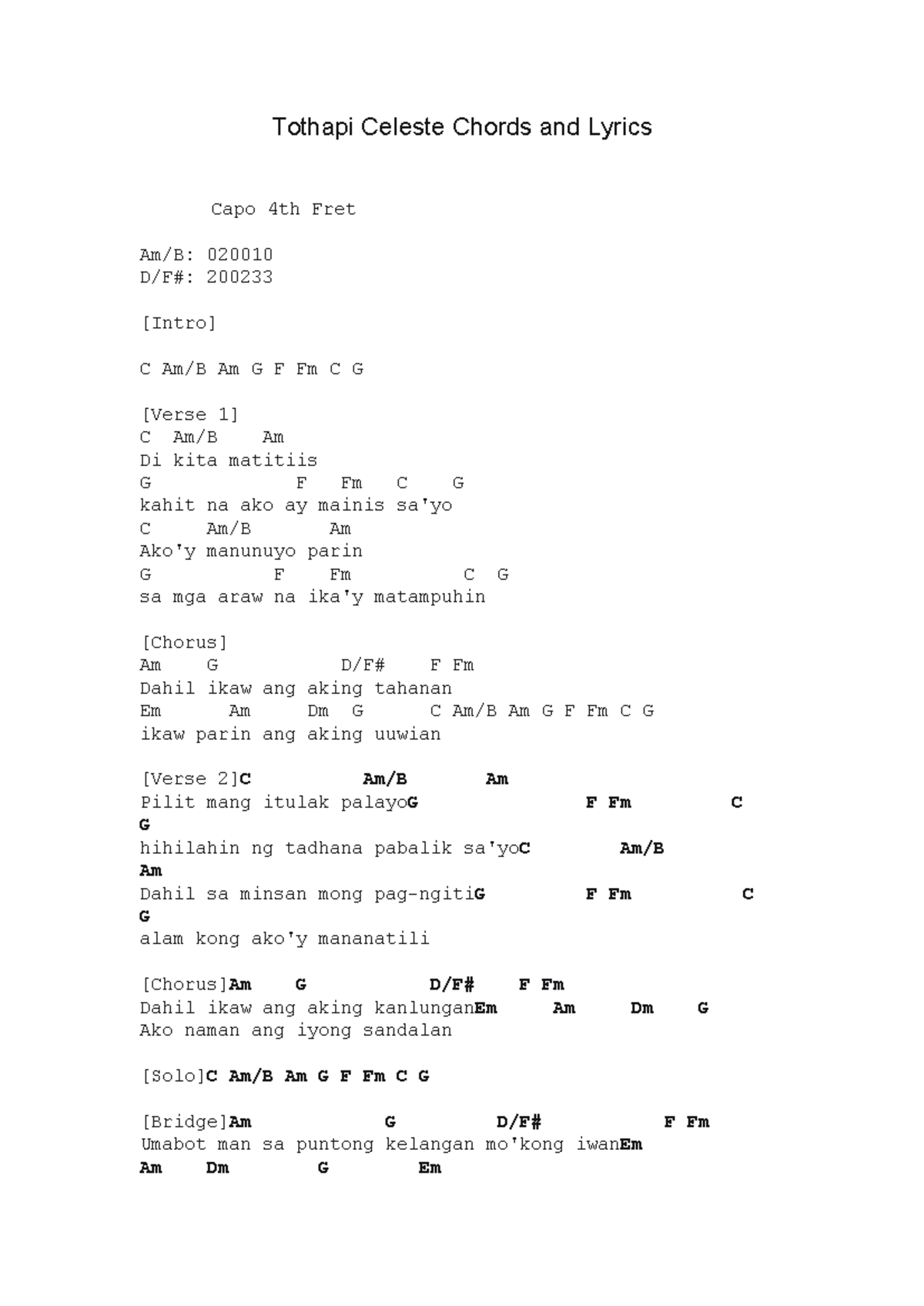 Tothapi Celeste Chords & Lyrics (Capo 4th Fret) - Studocu