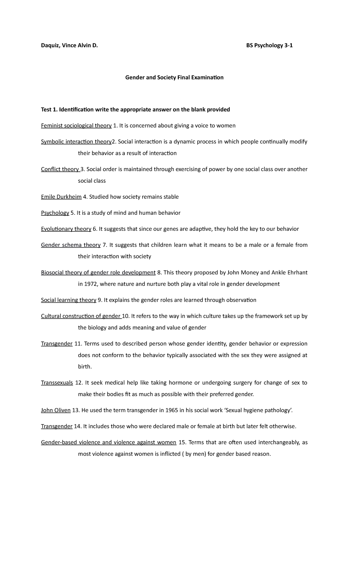 Final Exam Review: Gender and Society (BS Psychology 3) - Studocu