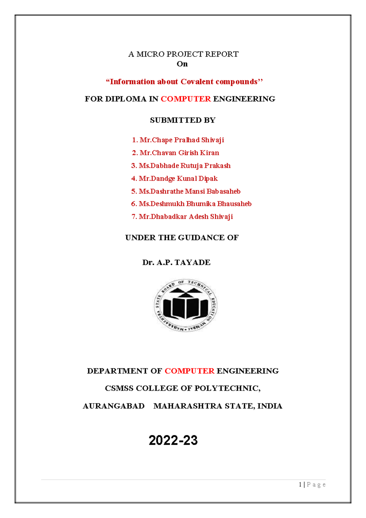 Micro project report on covalent compounds for diploma in computer ...