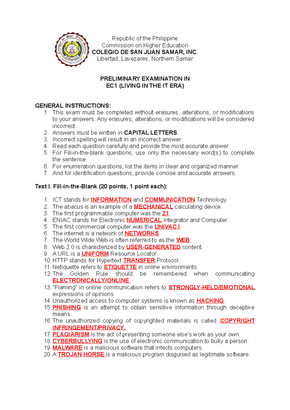 Preliminary Exam Answers Key for EC1: Living in the IT Era - Studocu