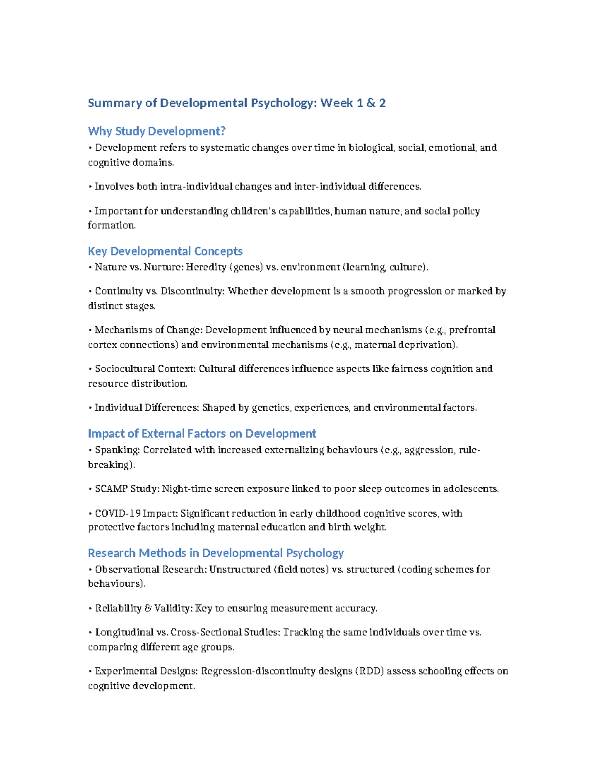Developmental psych summary - Summary of Developmental Psychology: Week ...