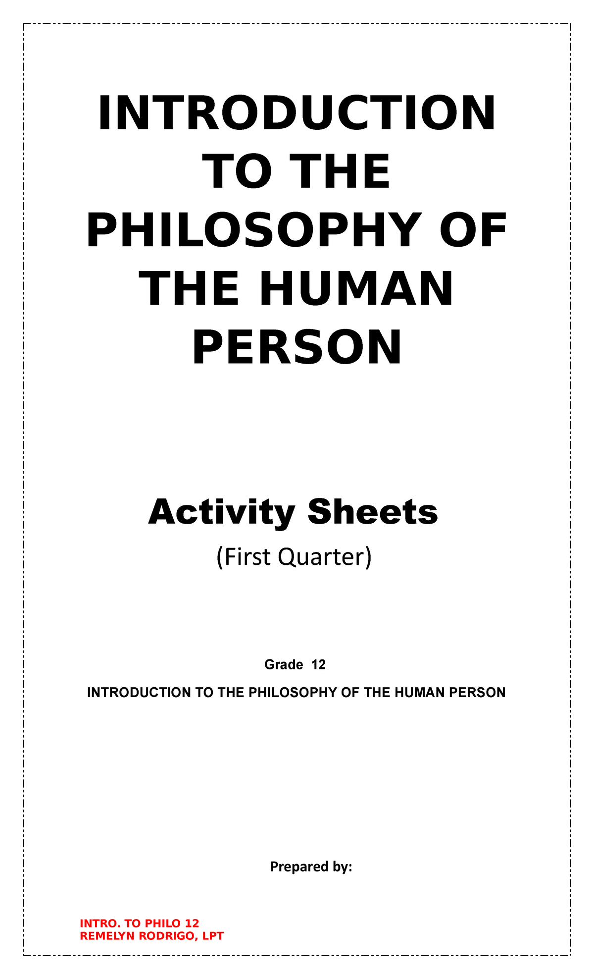 Intro. to Philo 12 - First Quarter Activity Sheets for Grade 12 - Studocu