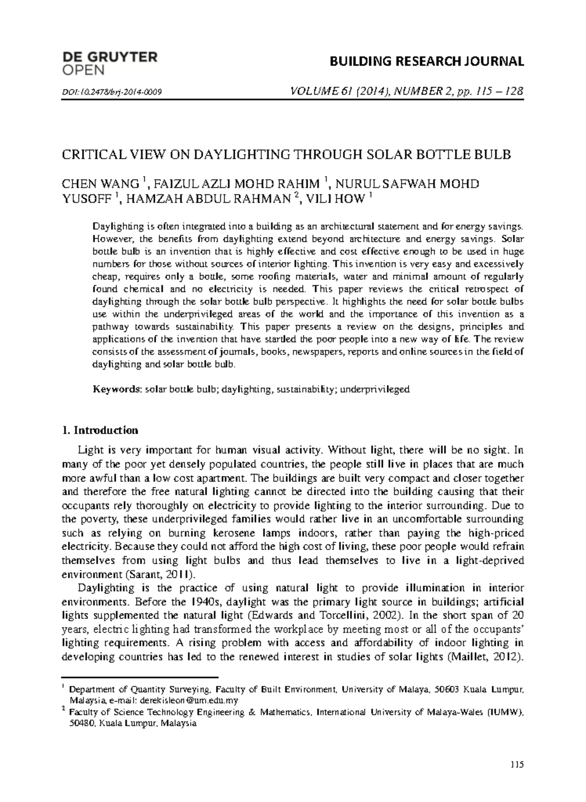 Critical Review on Daylighting via Solar Bottle Bulb (2014) - Studocu