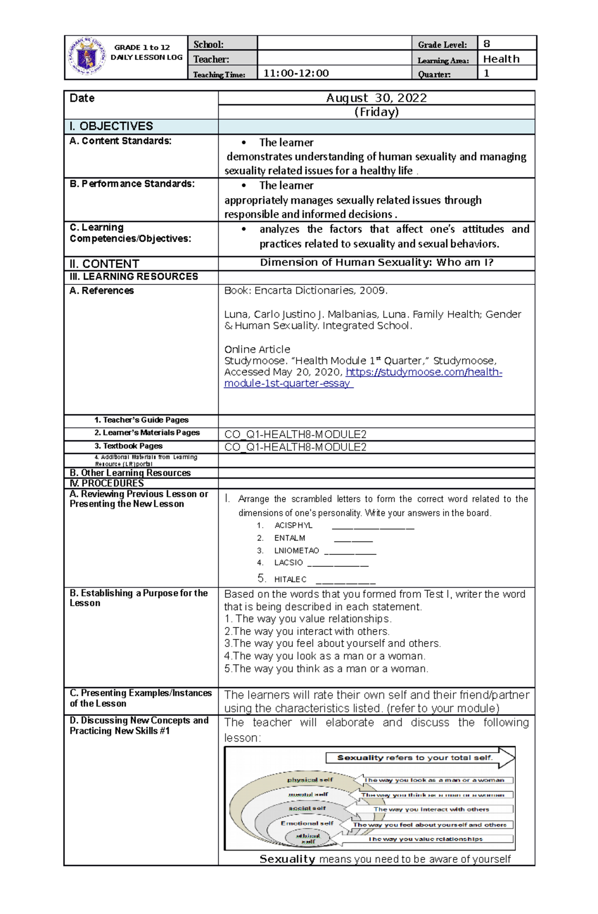 DLL 8 - Dimensions of Human Sexuality: Grade 8 Health Lesson Log - Studocu
