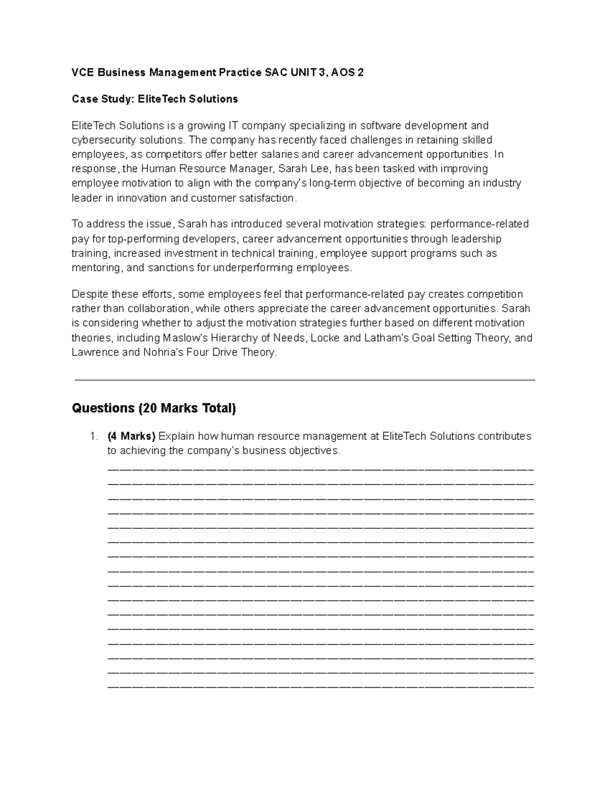 VCE Business Management Unit 3 AOS 2 Case Study: EliteTech Solutions ...