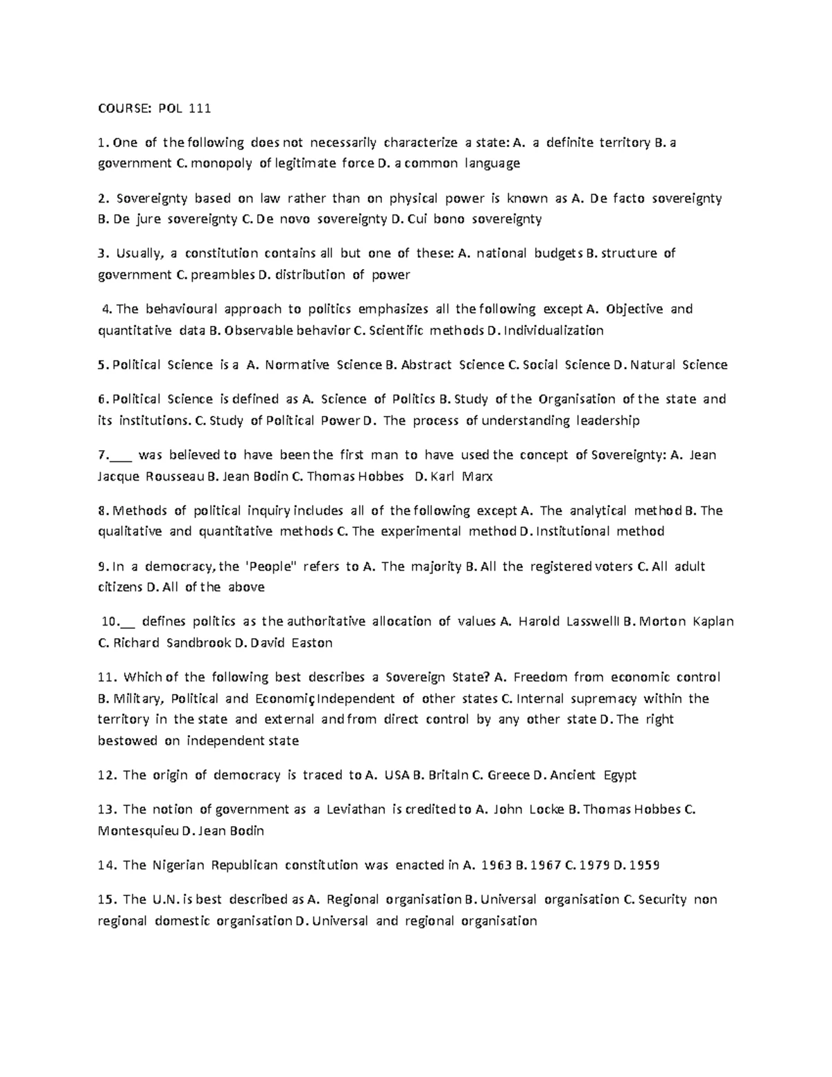 POL111 Final Exam Questions on Political Concepts and Theories - Studocu