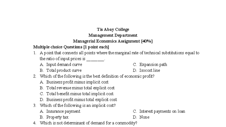 Managerial Economics Assignment MCQs - MECO 101 - Studocu