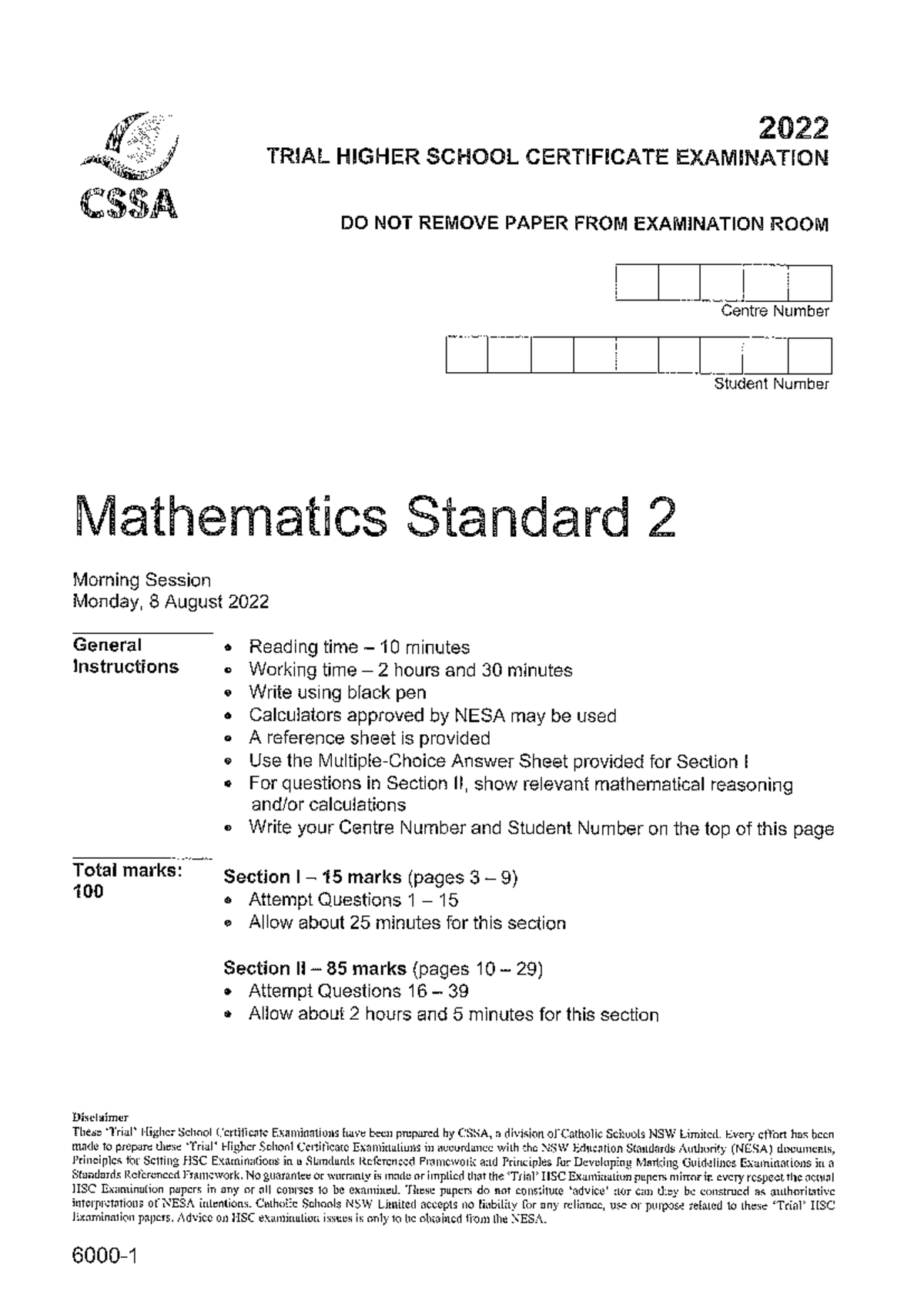2022 HSC Trial Mathematics Exam Paper - Standard Level - Studocu