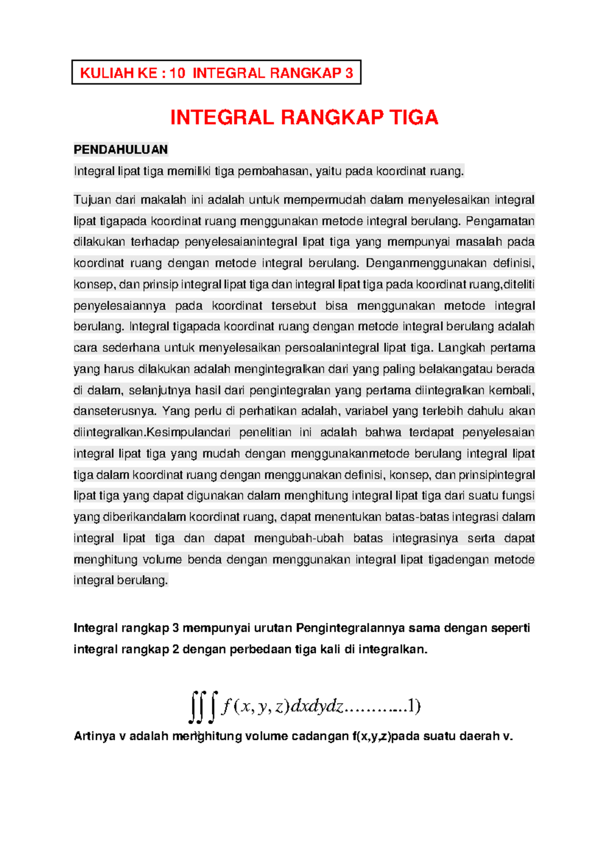 Kuliah KE 10: Memahami Integral Rangkap Tiga pada Koordinat Ruang - Studocu