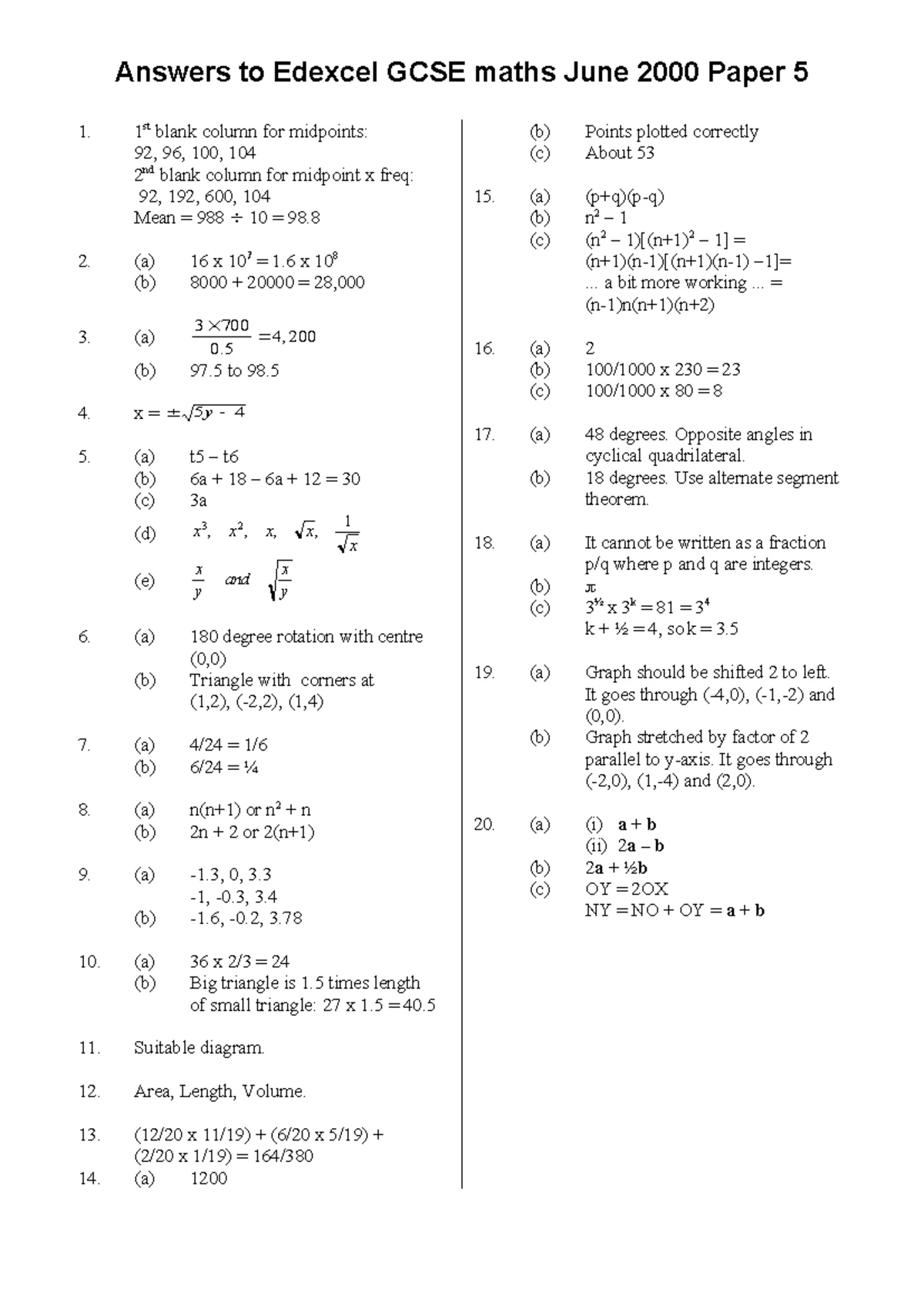 June 2003 GCSE Paper 5 (Higher Level) - Complete Exam Questions - Studocu