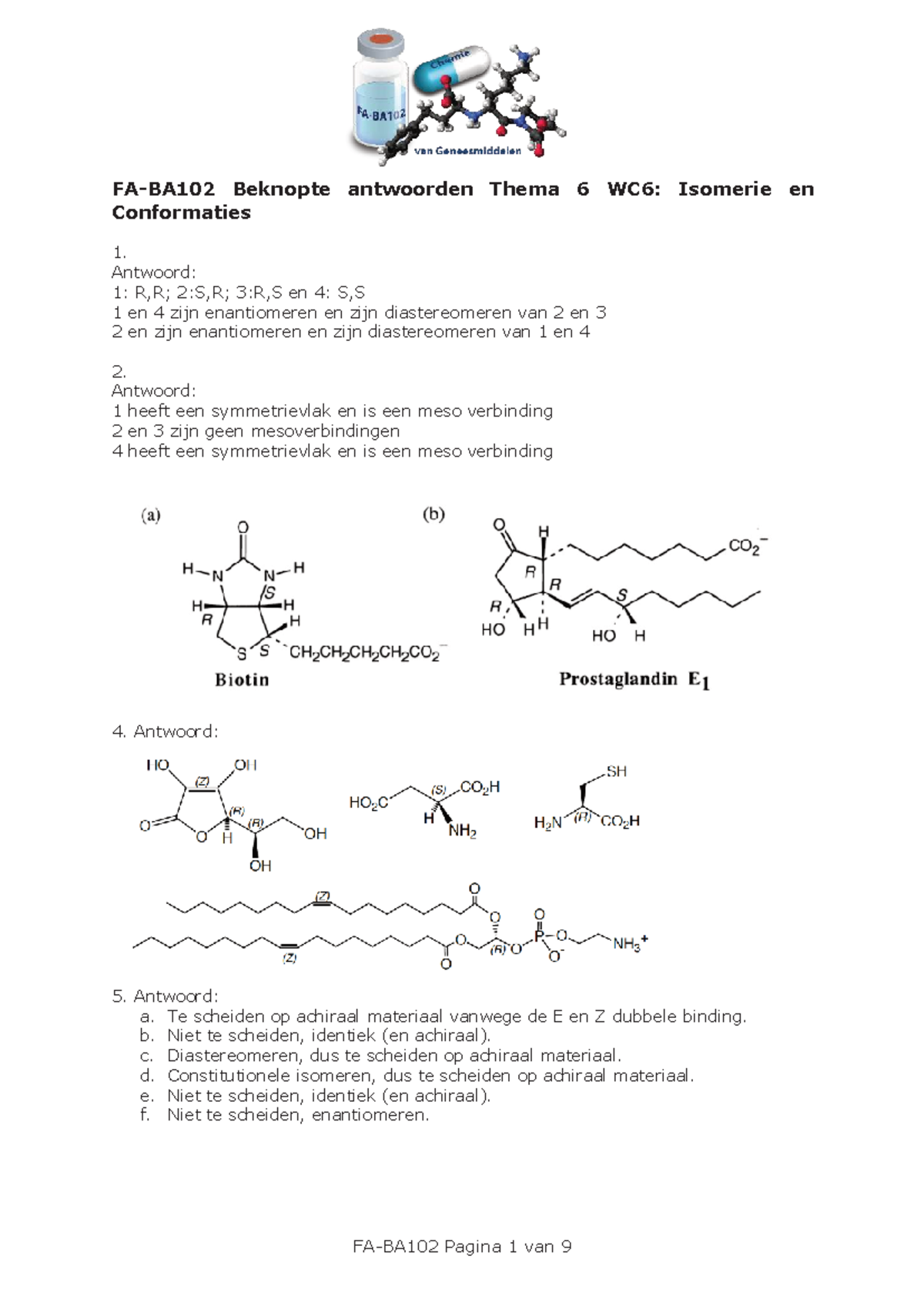 FA-BA102 Beknopte Antwoorden Thema 6: Isomerie en Conformaties ...
