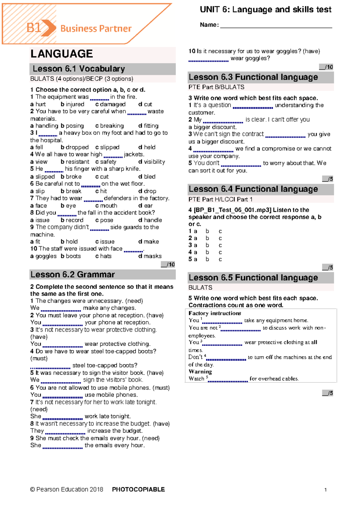 BP B1 Language and Skills Test Unit 6 - Vocabulary & Grammar - Studocu