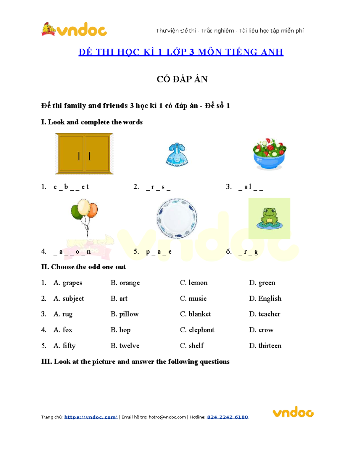 Đề thi Học Kỳ 1 Tiếng Anh Lớp 3 - Family and Friends 3 - Studocu