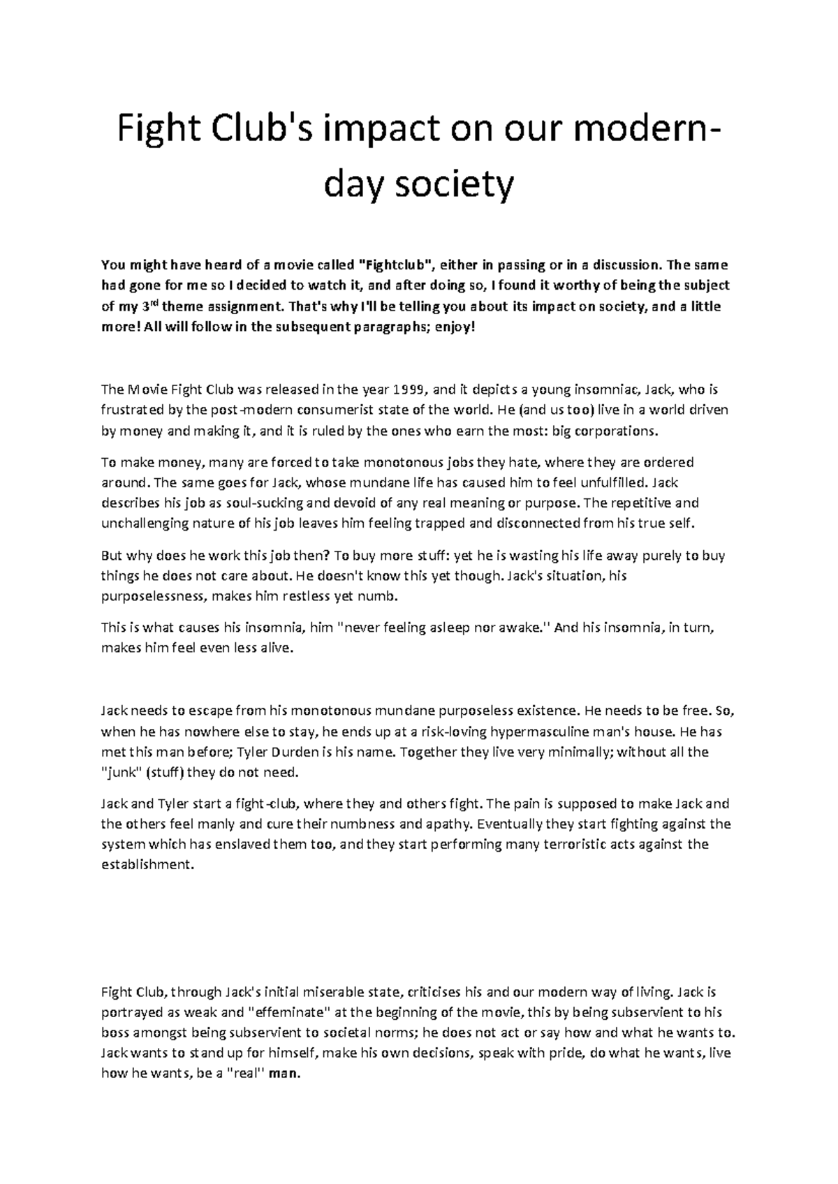 Fight Club's Influence on Modern Society VWO 3 Engels Essay