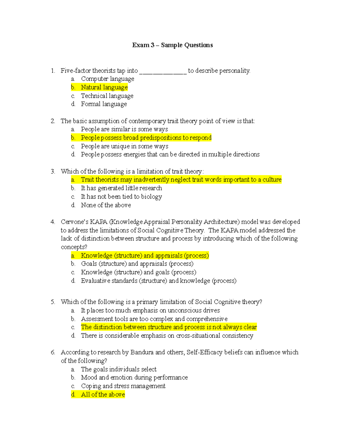 Psychology Exam 3 – Sample Questions - Studocu