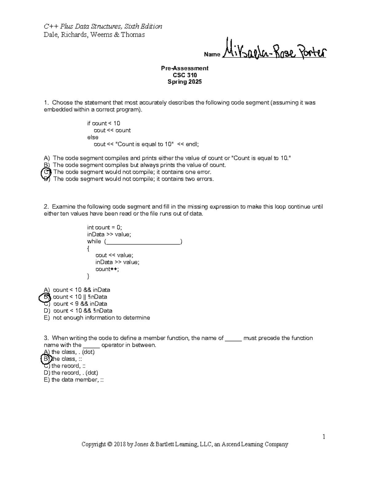 Data Structs Pre-Test - This was to practice for the test - C++ Plus ...