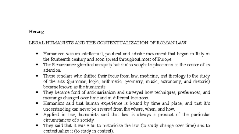Herzog 3B - Legal Humanism & Roman Law Contextualization Essay - Studocu