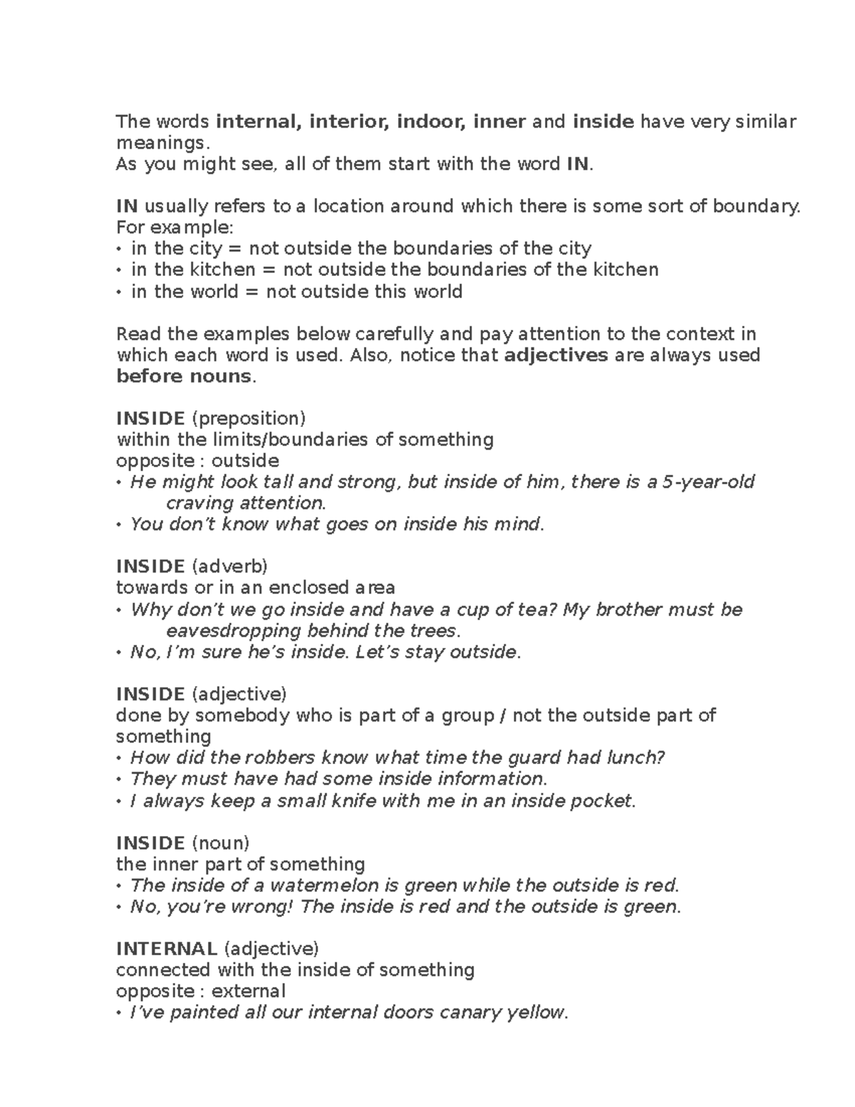 The words internal - for exam - The words internal, interior, indoor ...