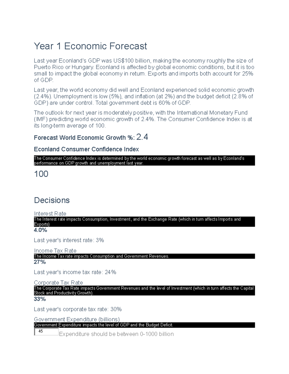Econland Simulation: Yearly Economic Forecasts & Strategies Analysis ...