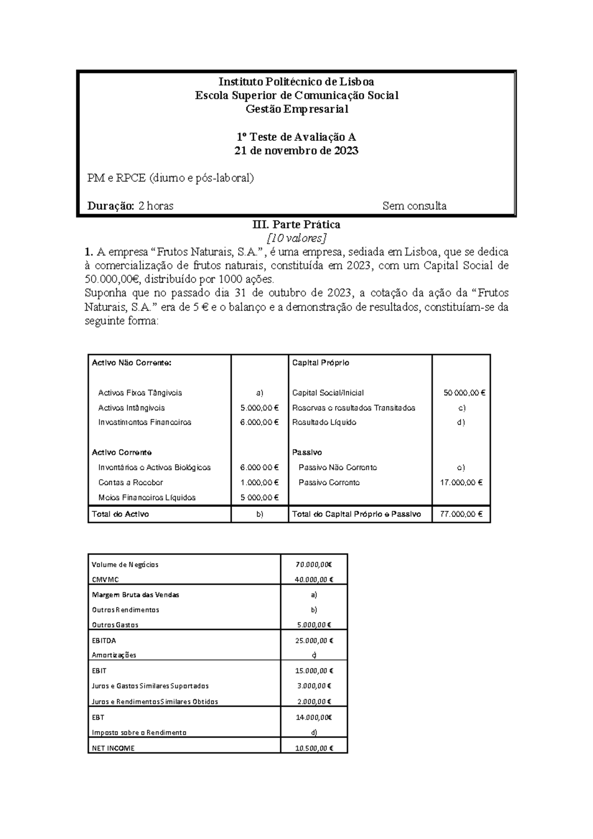 1º Teste de Avaliação PM e RPCE - Gestão Empresarial 2023 - Studocu
