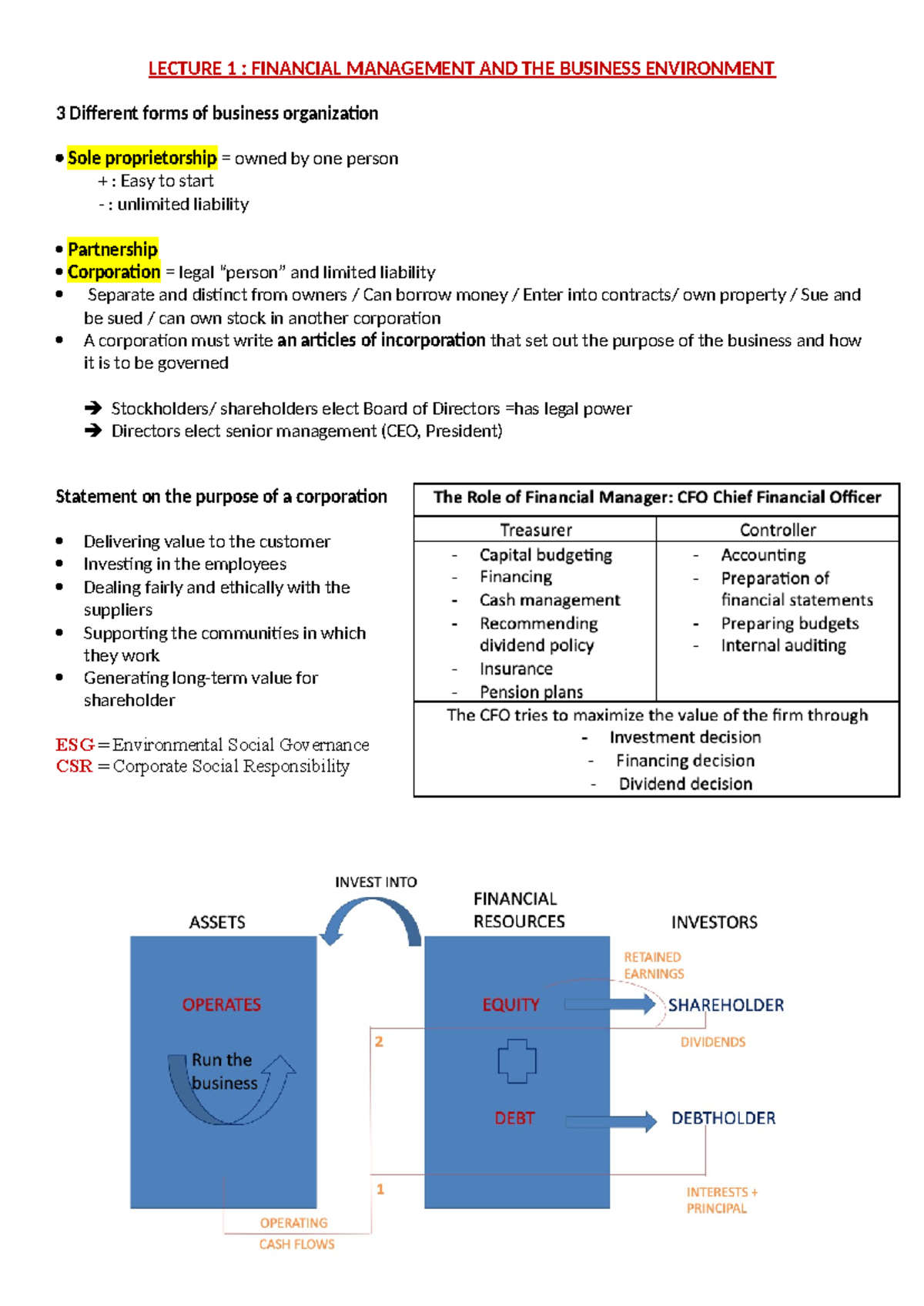 公司金融知识点总结与分析（罗斯版） - 重要概念解读- Studocu