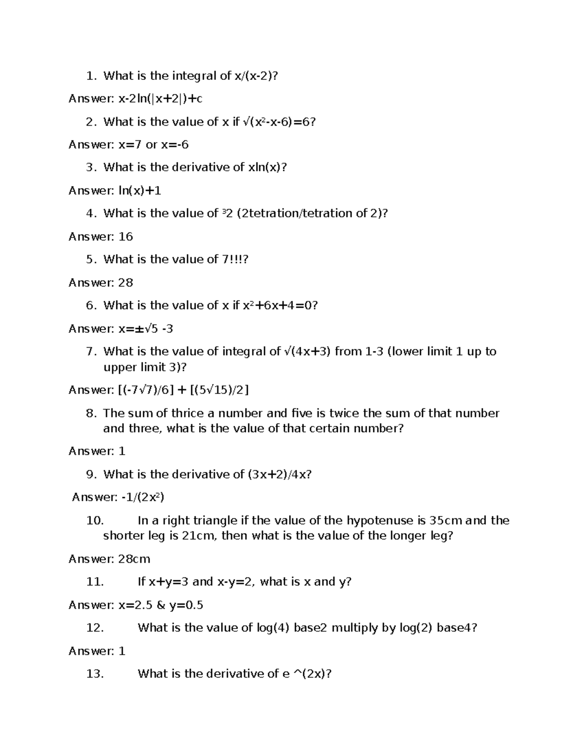 Math Quiz Questions and Answers: Sample Questions for Review - Studocu