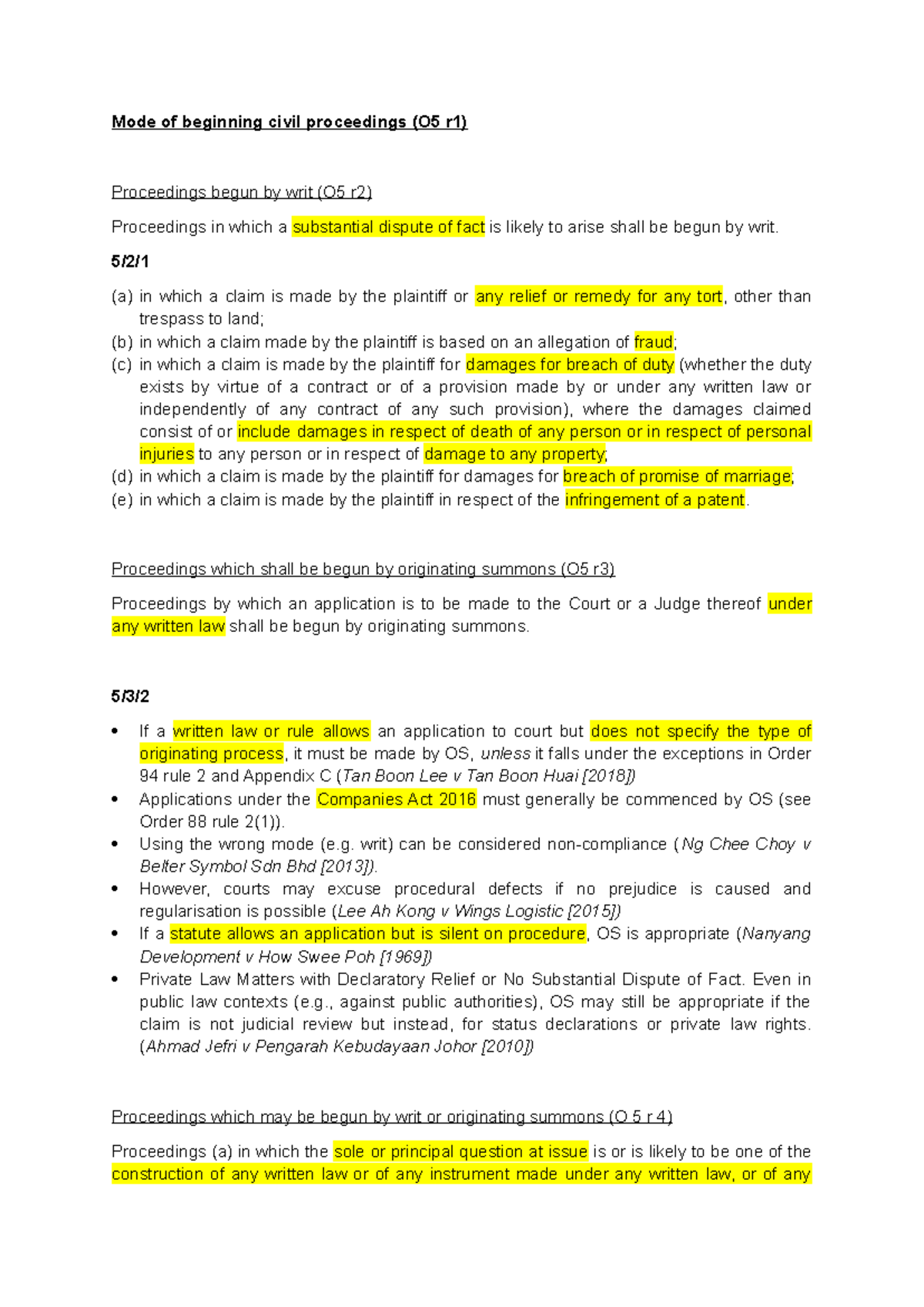 Civil Proceedings: Writ and Originating Summons (O5 r1-4) - Studocu