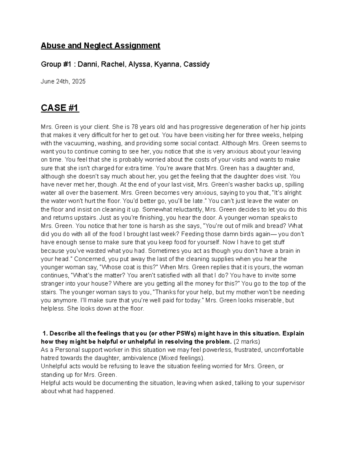 Abuse & Neglect Case Study Assignment: PSW Perspectives and Actions ...