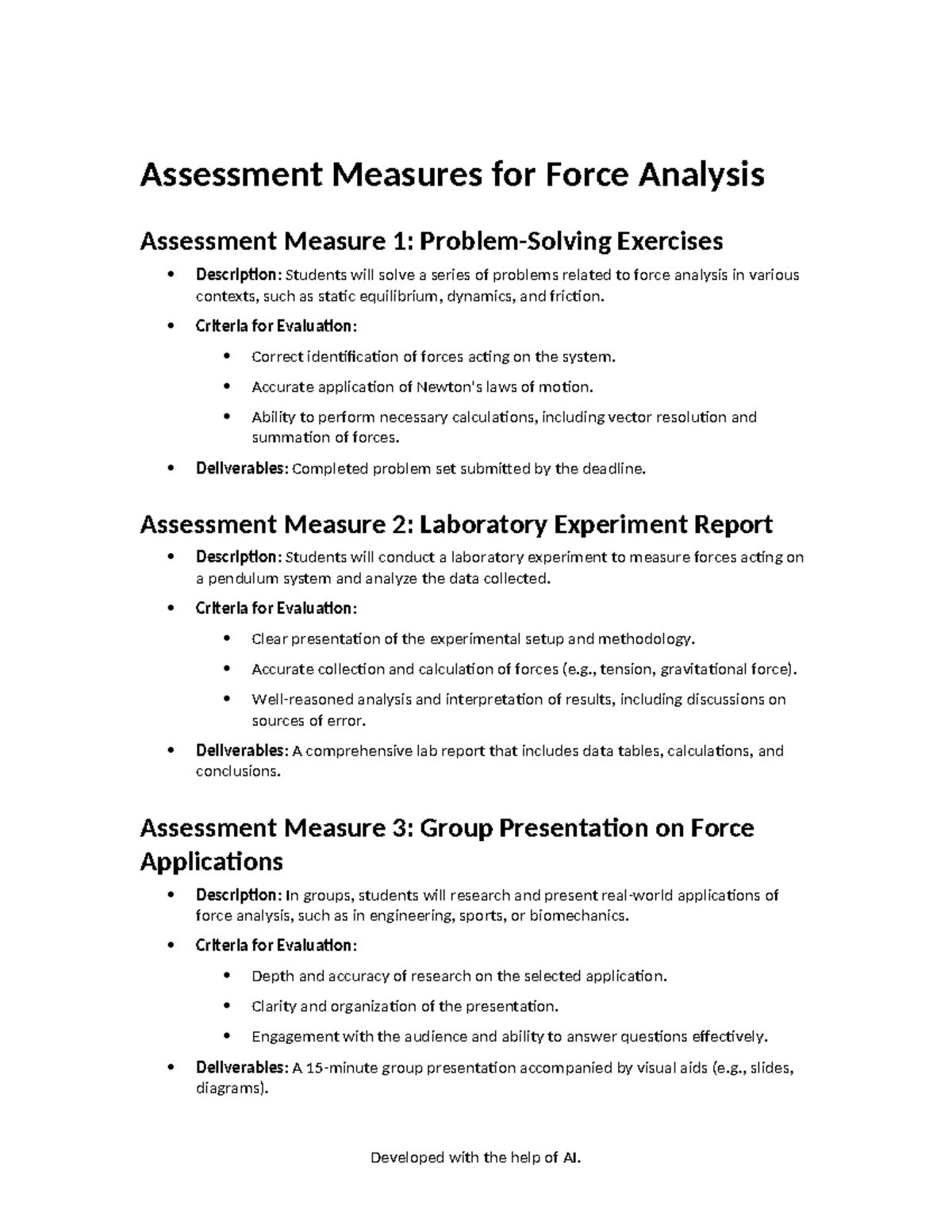 Force Analysis Assessment Measures: Exercises, Lab Report ...