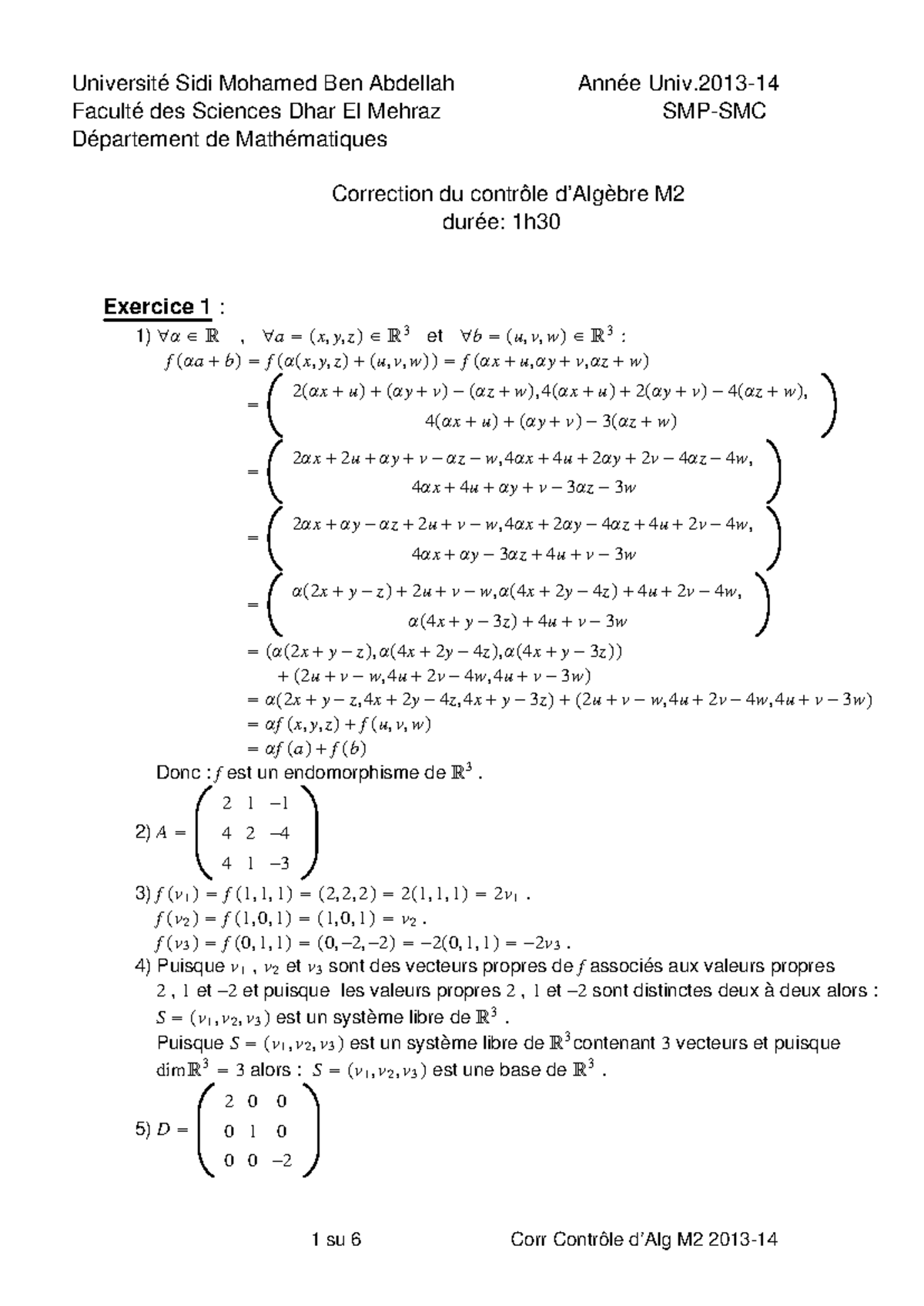 Algebre 2 Examen Corr 04 - Université Sidi Mohamed Ben Abdellah Année 