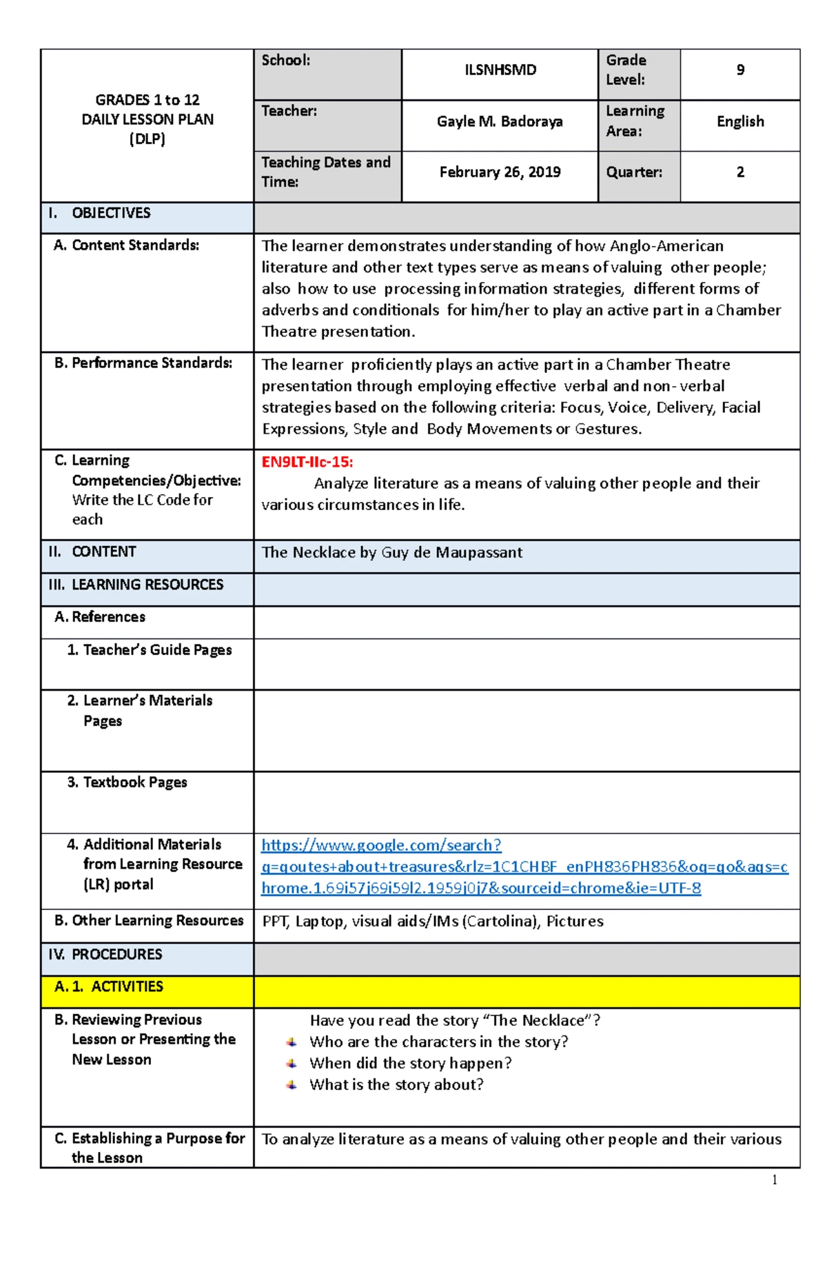 Detailed Lesson Plan Conditionals - A DETAILED LESSON PLAN IN ENGLISH 9 ...