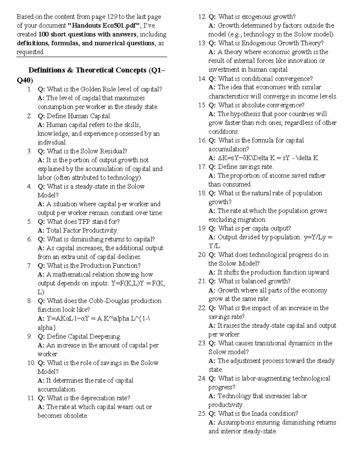 Final Term MCQs & Short Questions for Economics 101 - Studocu
