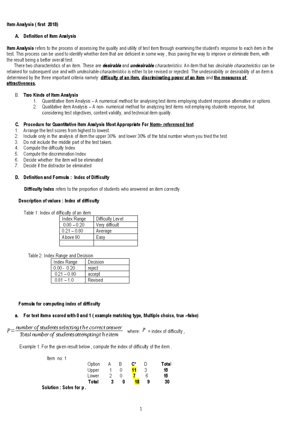 Item Analysis new reside 2018 - Item Analysis ( first 2018) A ...