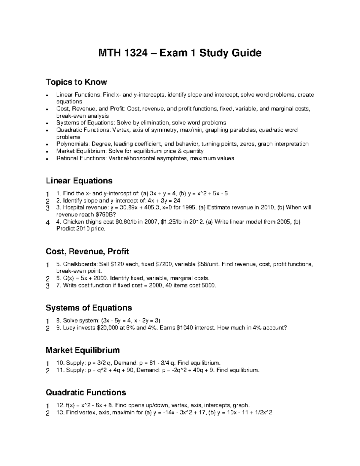 MTH 1324 – Exam 1 Study Guide: Key Topics in Functions & Equations ...