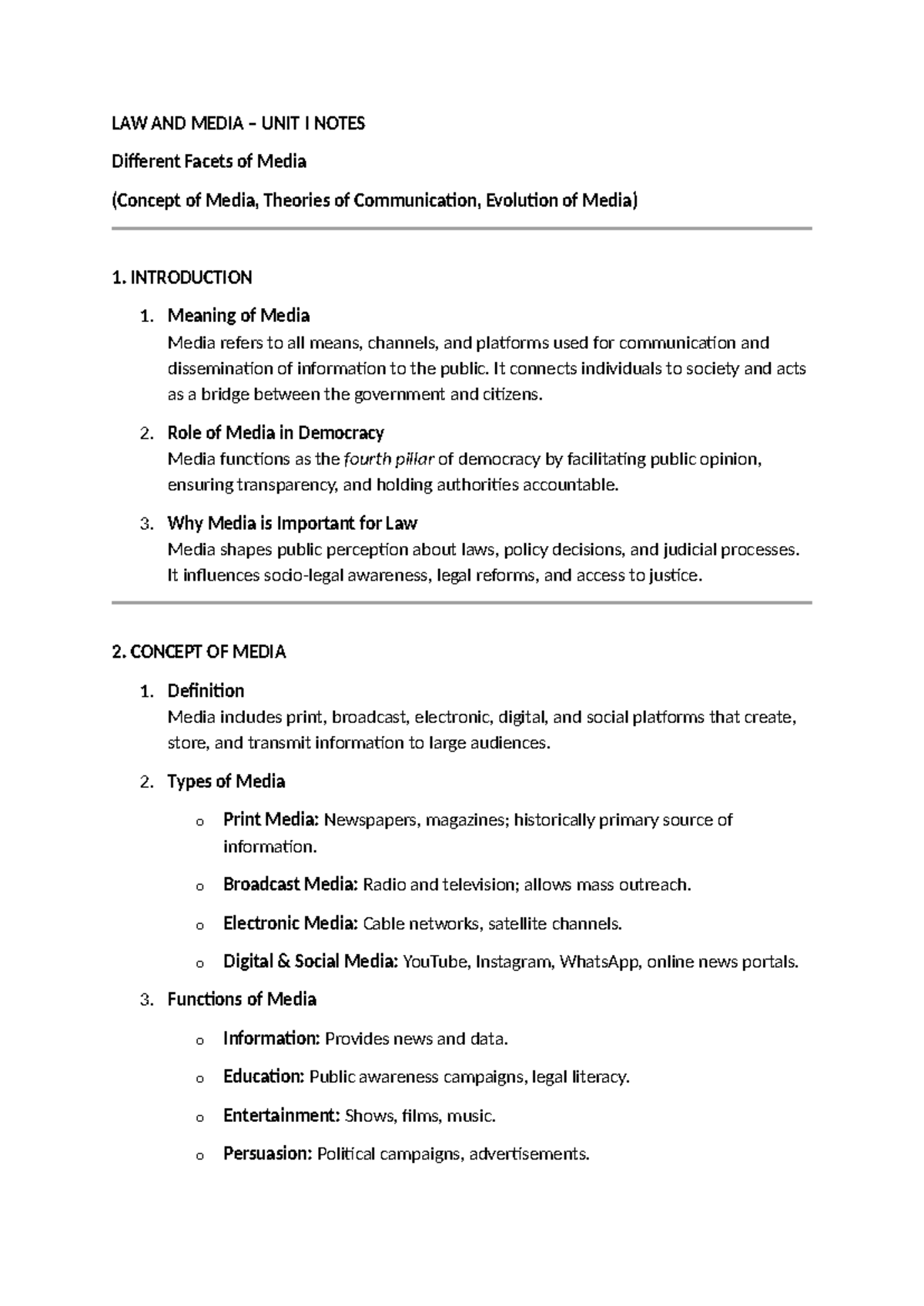 LAW AND MEDIA UNIT I: Concepts, Theories, and Evolution of Media - Studocu