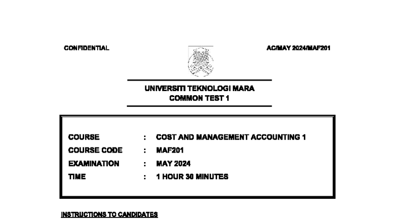 CT MAY 2024 MAF201 Common Test 1 - Cost & Management Accounting - Studocu