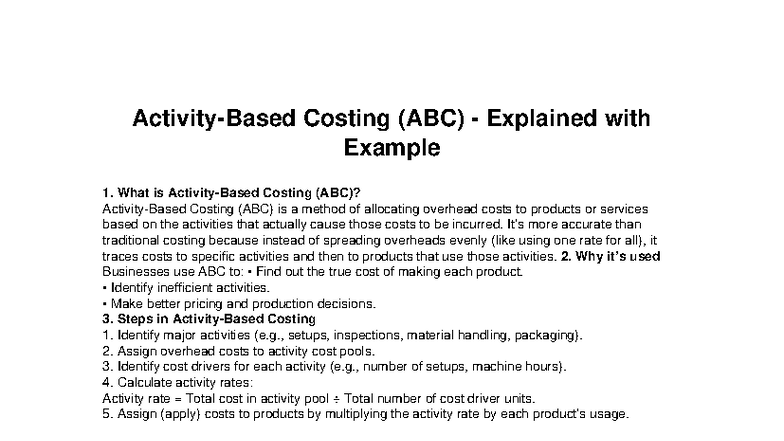 Activity Based Costing (ABC) Explained with Example - Studocu