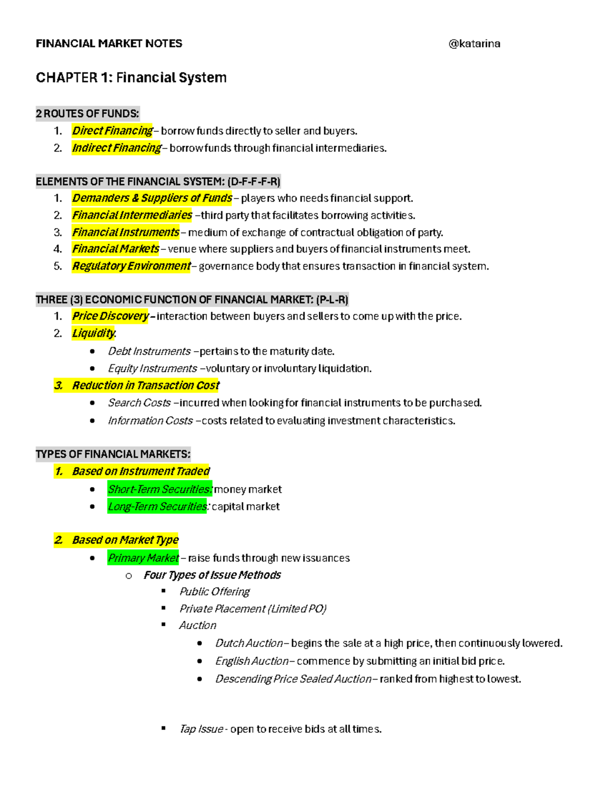 FIN 101: Financial Market Notes - Chapters 1 to 3 Overview - Studocu
