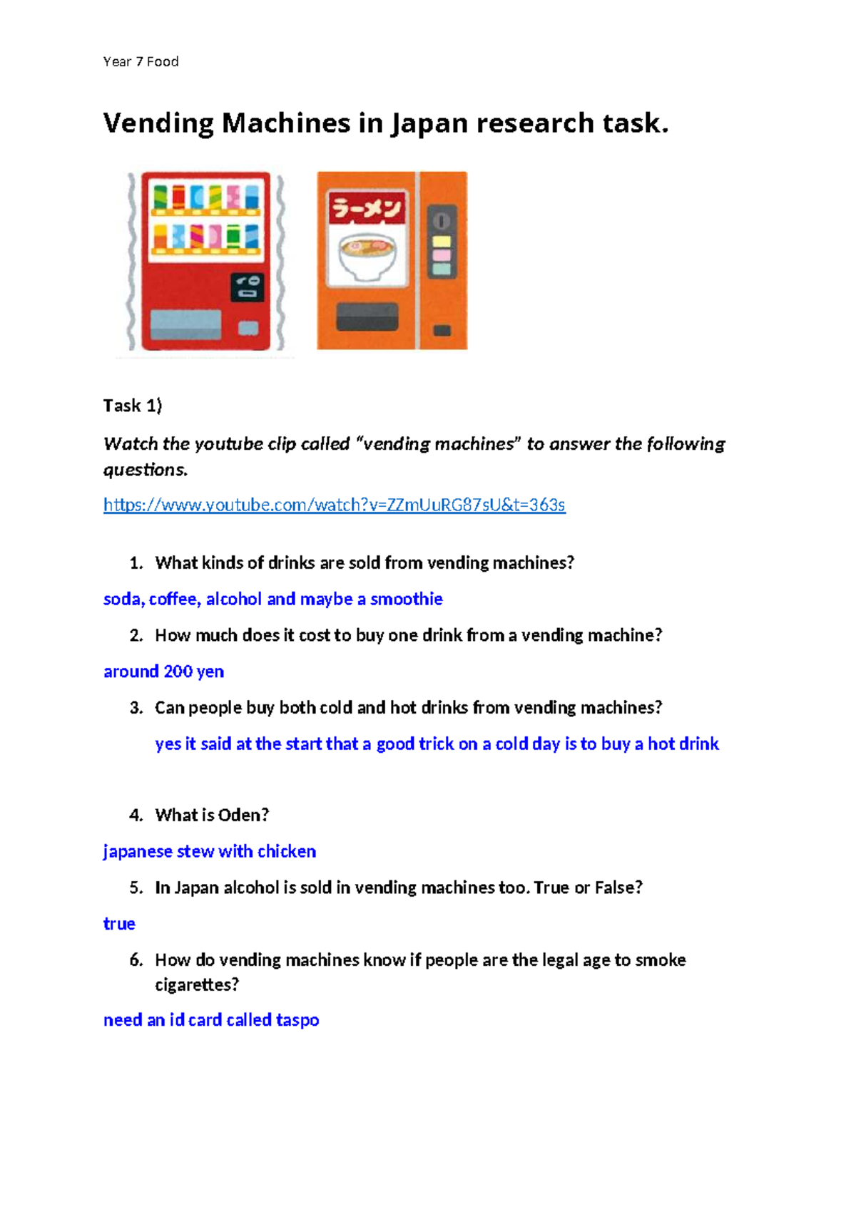 Year 7 Food Vending Machines in Japan - Research Task Worksheet - Studocu