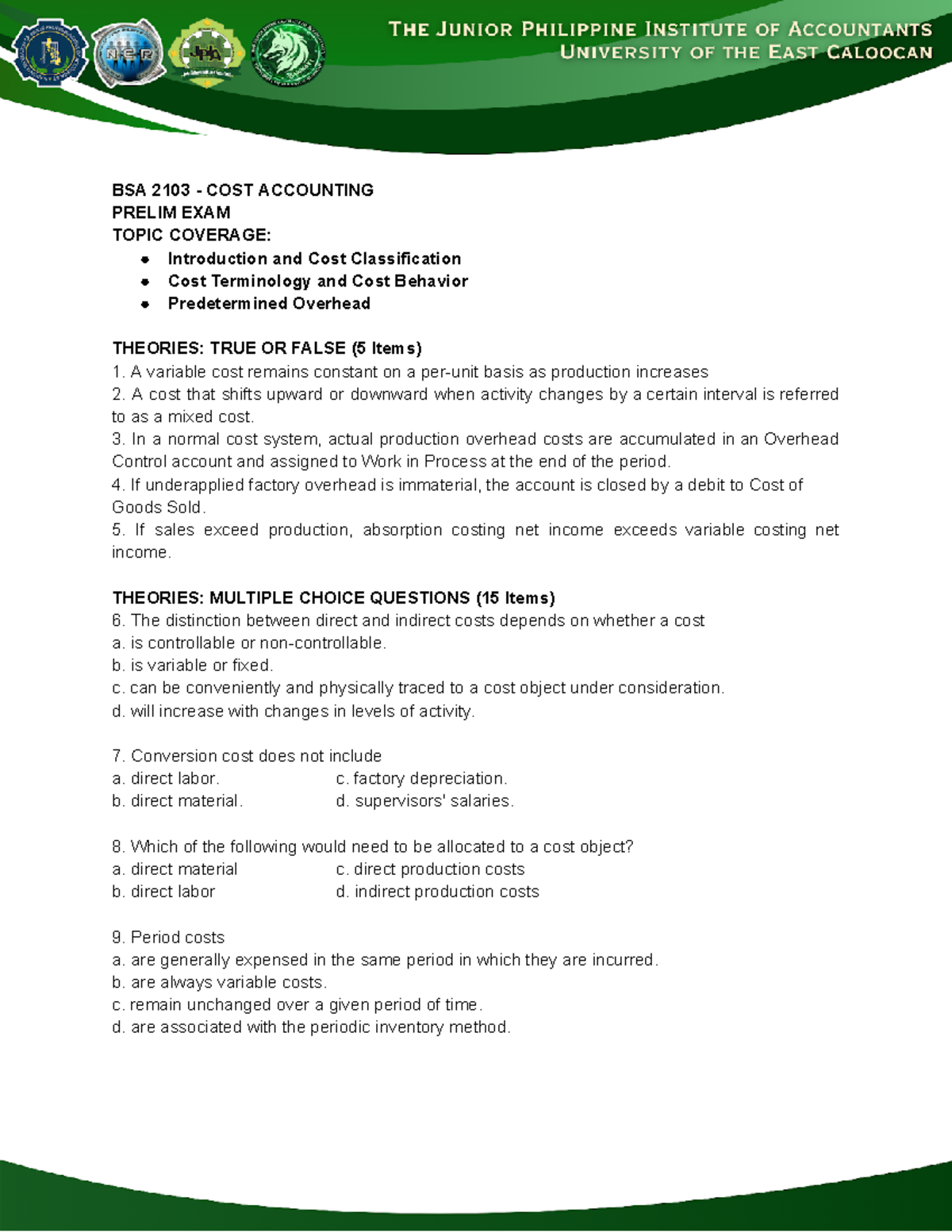 [ Revised] Cost Accounting (Prelims) - BSA 2103 - COST ACCOUNTING ...