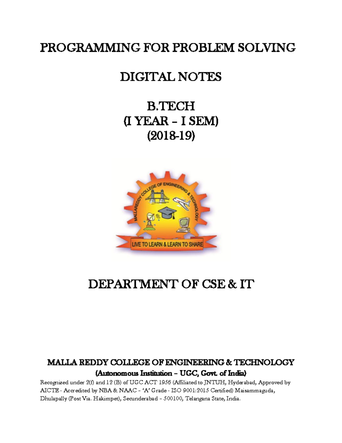 Unit 1: Programming for Problem Solving (PPS) Notes - B.Tech (I Year I ...