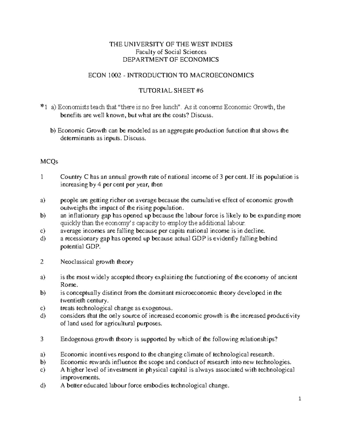 Macro tutorial sheet 6 - ……… - 1 THE UNIVERSITY OF THE WEST INDIES ...