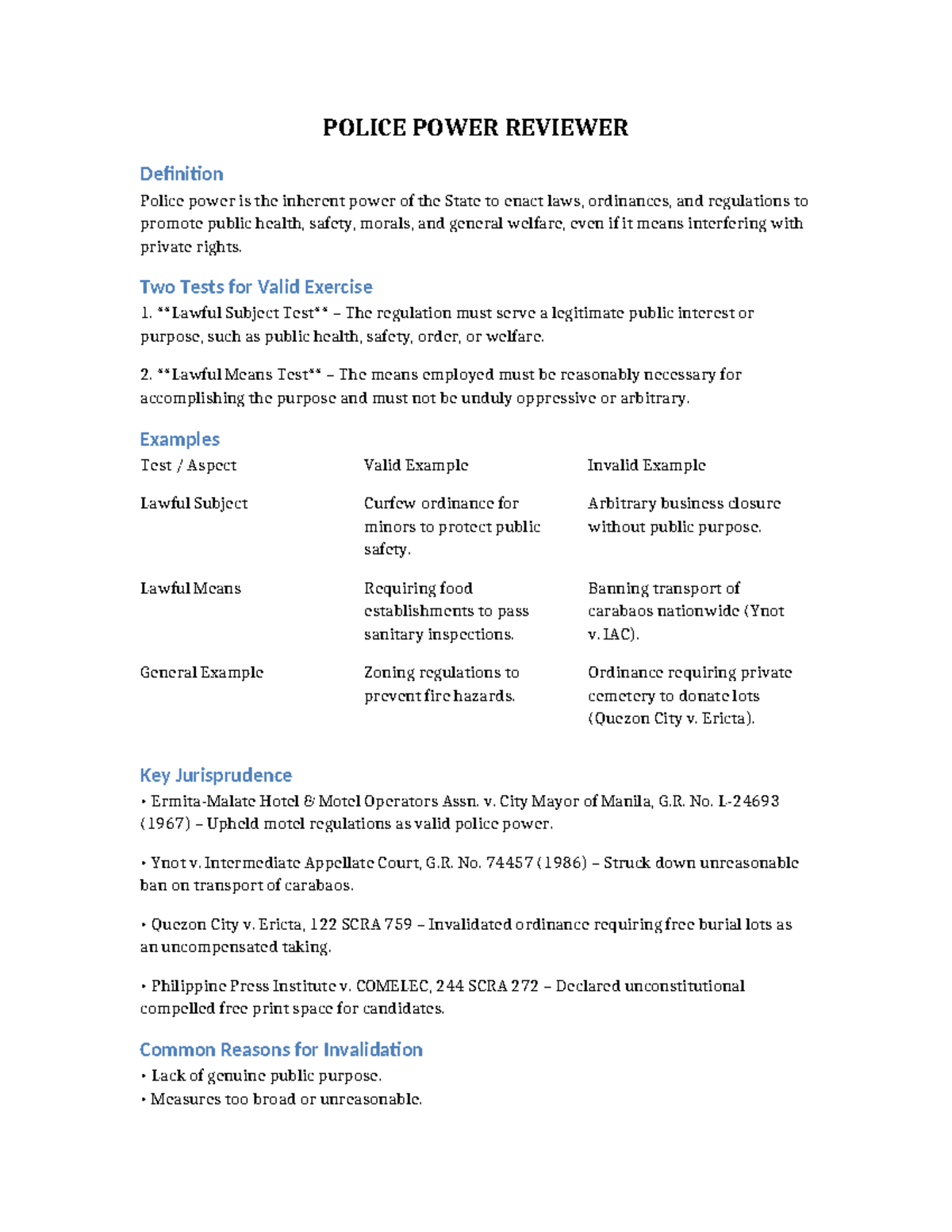 POL 101: Police Power Reviewer and Key Jurisprudence Insights - Studocu