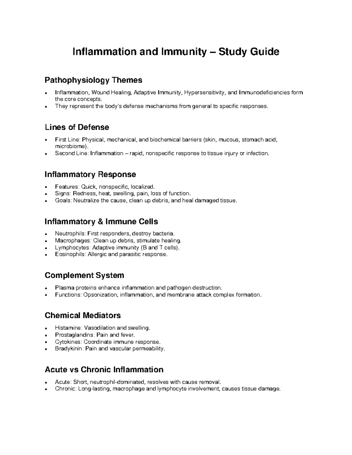 Pathophysiology Study Guide: Inflammation & Immunity Concepts - Studocu