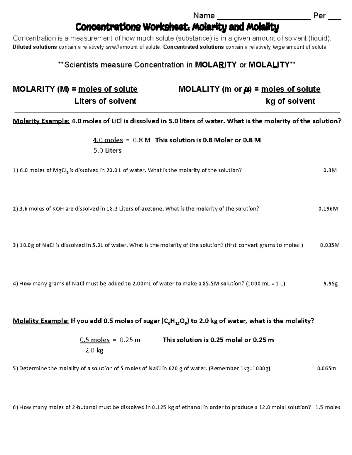 Concentration Worksheet: Molarity & Molality Practice Problems - Studocu