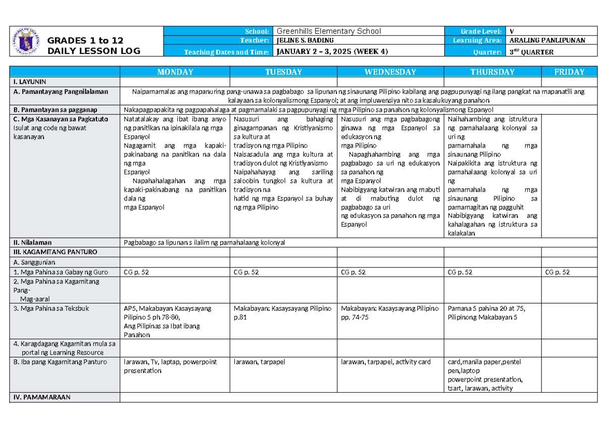 DLL Araling Panlipunan 5 Q3 W4 - GRADES 1 to 12 DAILY LESSON LOG School ...